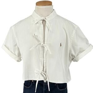 Ralph Lauren Upcycled Remade Oxford Crop Tie Front Shirt Logo Festival Preppy